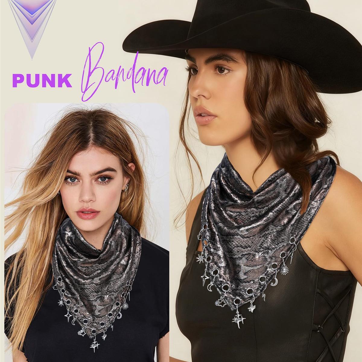 Y2K Punk Triangle Head Scarf with Metal Charms Sparkly Bandana for Women | Vintage Neck Scarf for Festival Party Concert Y2K Punk Triangle Head Scarf with Metal Charms Sparkly Bandana for Women | Vintage Neck Scarf for Festival Party Concert