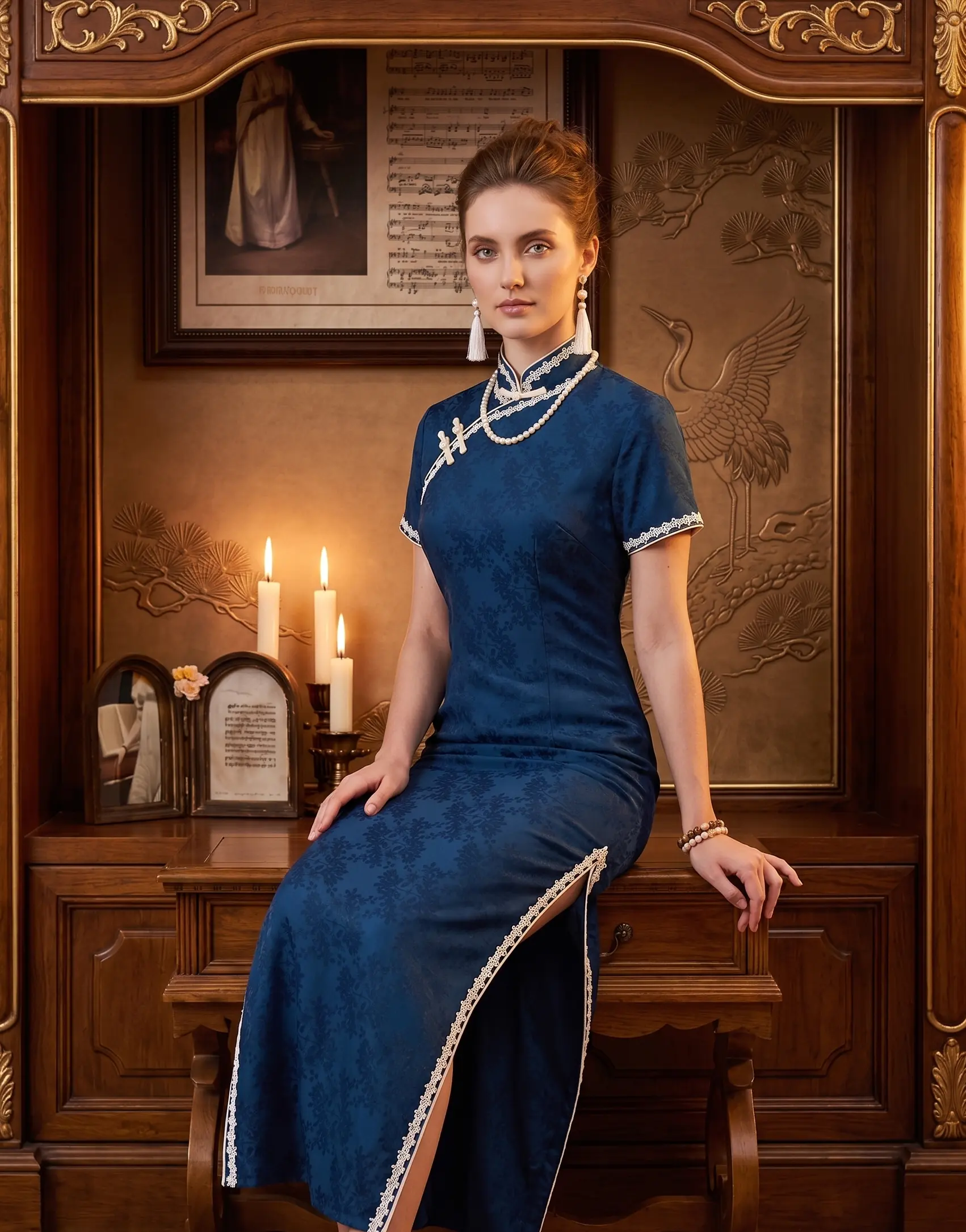 Neo-Oriental Teal Jacquard Qipao - Modern Chinese Style Cheongsam Dress with White Lace Trim & Mandarin Collar