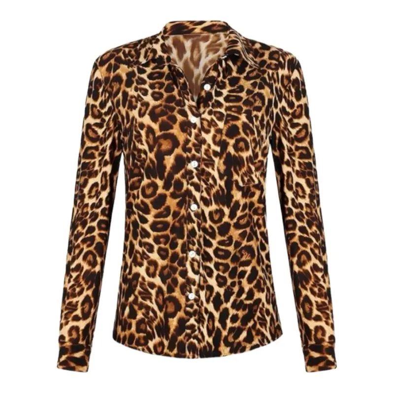 Cheetah Concept Long-Sleeve Blouse with Leopard Print and Button Front Design - Fitted Pullover Style for Women's Casual Wear