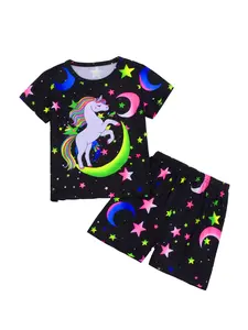 Girls' Unicorn Cartoon Print Pyjama Set, Short Sleeve Shorts Sleepwear, Casual Comfortable Home Wear, Perfect for Daily Use and Play