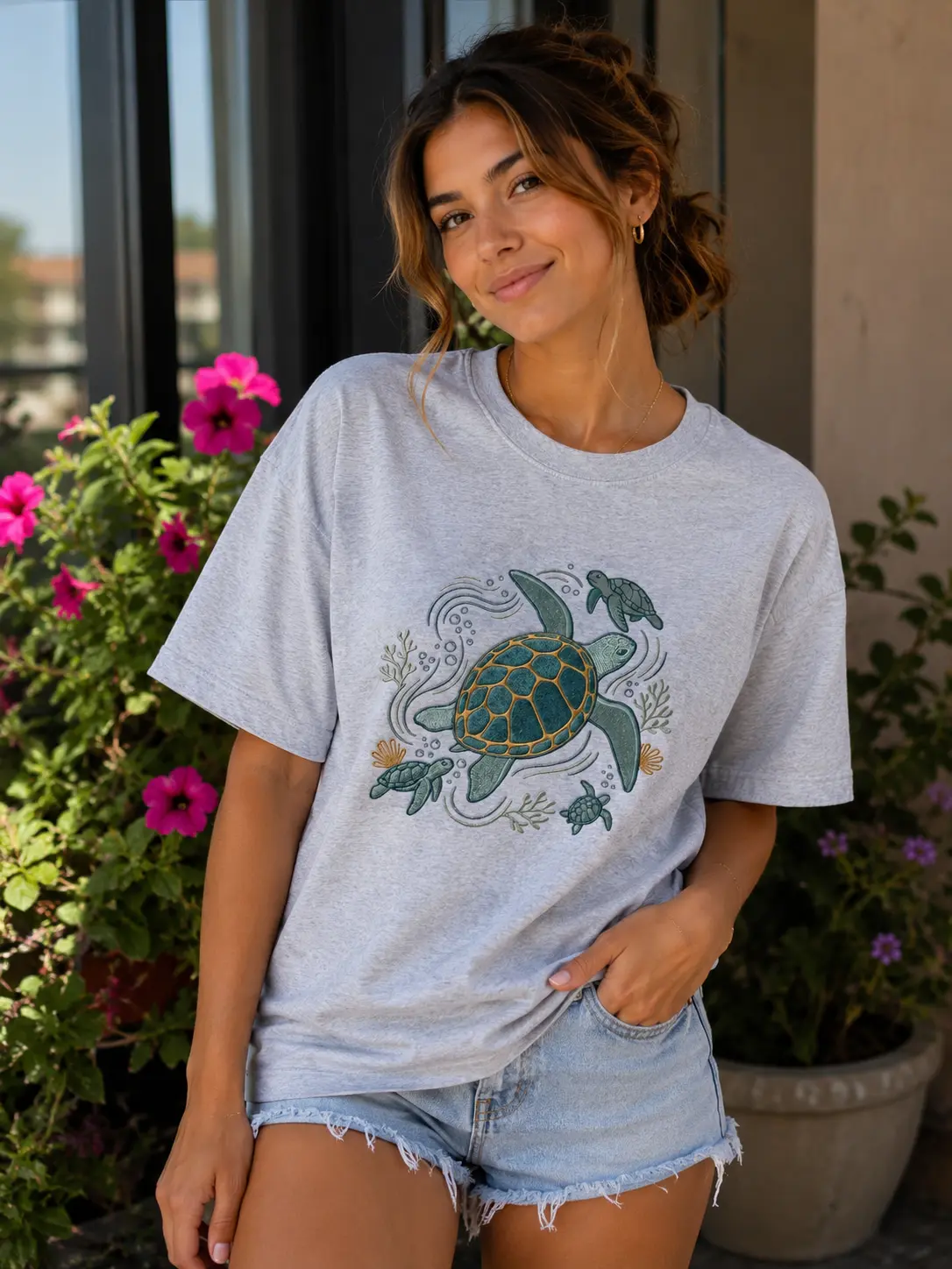 Embroidered Sea Turtle Shirt, Ocean Lover Beach Vacation Tee, Coastal Summer Aesthetic Embroidered Marine Life Shirt, Turtle Lover Gift Idea