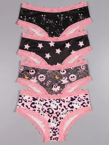 4-Pack Women Sexy Pink Contrast Lace Trims Gothic Chic Low-Rise Bikinis, Allover Skeleton Man & Hearts & Skull & Stars Print, Comfortable Hipster Panties for Women - Lingerie & Underwear, Bikini Briefs