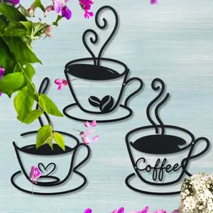 3-piece retro coffee cup metal vintage wall art set - Decorative black silhouette cup with "coffee" inscription and floral embellishment, perfect for kitchen/coffee shop decoration, coffee bar accessories