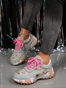 Women's Thick Sole Sport Shoes with Rhinestone Details, Fashion Casual Sneakers, Glitter Design Sneakers, Thick Soled Sneakers, Perfect for Daily Wear, Comfortable and Stylish