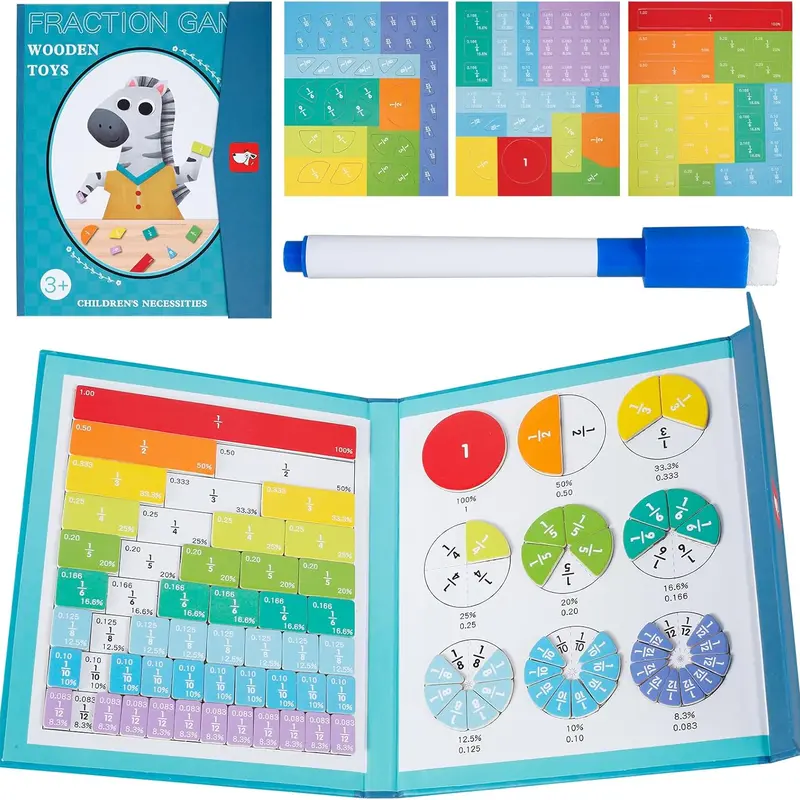 Magnetic Fraction Educational Puzzle Set - Math Learning Tools with Fraction Circles, Tiles, Rounds, Portable Demo Book, Foldable Bottom Board for 3+ Years Children, Classroom School & Educational Supplies (Fun & Intuitive Learning)