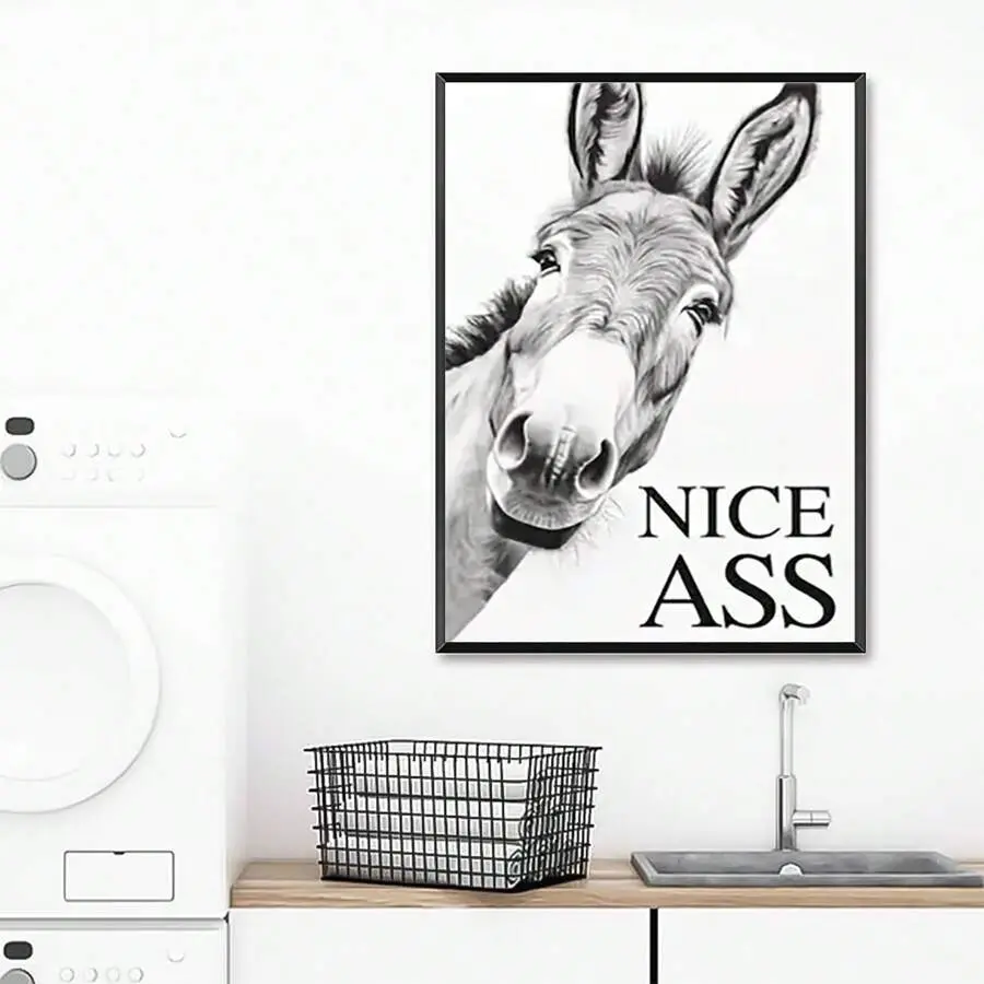 "Nice Ass" Funny Donkey Canvas Print Wall Art, Black & White Sarcastic Scratch Resistant Poster, Multiple Sizes Home Decor for Laundry Room, Wardrobe, Minimalist Vibe With A,art poster
