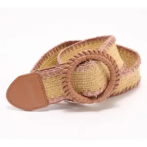 Susan Graver Stretch Raffia Braided Buckle Belt with Embroidery