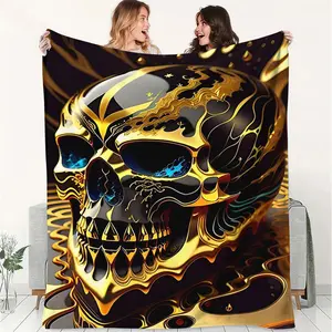 Gothic Gold Skull Blanket, Intricate Ornate Flannel Throw Blanket, Luxurious Decorative Art for Home, Camping, Traveling and Office Use, Perfect for Cozy Vibes and Unique Decor!