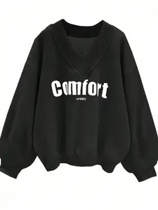A women's solid color letter print V-neck pullover loose sweatshirt, suitable for autumn and winter, casual and versatile, Womenswear Long Sleeve