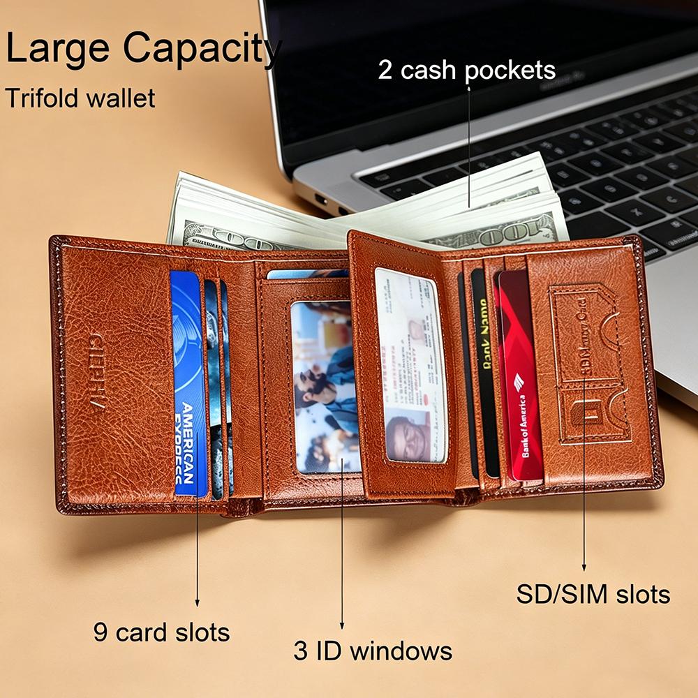 CIEPHIA Vintage Men’s Genuine Leather Trifold Wallet with RFID Blocking, 9 Card Slots & 3 ID Windows Large Capacity 2 Deep Cash Pocket Wallet for Men, Perfect Everyday Carry & Gift