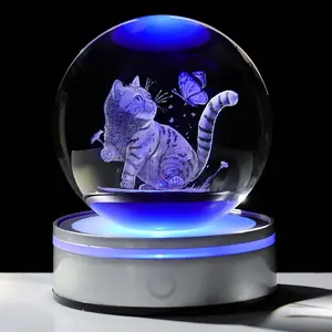 Cat Themed 3D LED Night Light, Christmas Children's Gift Atmosphere Decoration Bedroom Living Room，Gifts for Women, Mom - 3.15in Crystal Ball Engraved Cat Butterflies with LED Light Base - Valentine's Day Birthday Cat Night Light Figurine