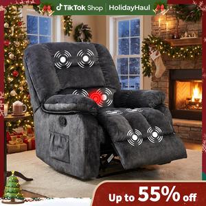 [HolidayHaul]EBELLO Overstuffed Massage Recliner with Heat and Vibration, Soft Fabric Manual Reclining Chairs with Side Pocket for Living Room