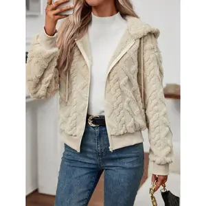 Women Fleece Teddy Jacket Zip Up Drop Shoulder Hooded Winter Warm Coat Fall Fashion Outerwear
