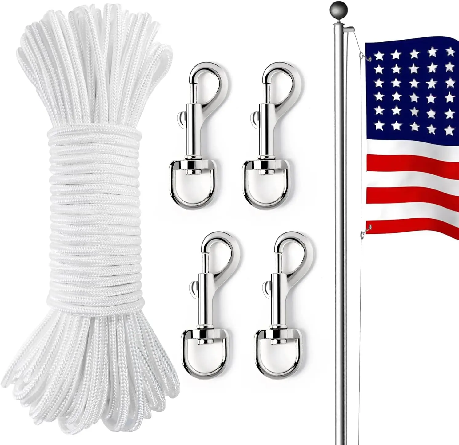 100ft Double Braided Durable Weather Resistant Nylon Flag Pole Rope Kit - 1/4" Diameter Flagpole Halyard Line, 4 Corrosion-Free Zinc Alloy Swivel Snap Hooks, Standard Grommets for Curtains, Tents, Durable Nylon Rope, Weather Resistant Rope