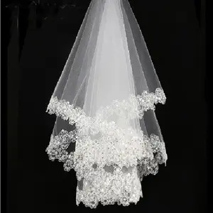 White Lace Edge White Tulle Bridal Wedding Veils One Tier Beaded 120cm Bride Veils Wedding Accessory 2022