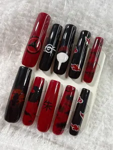 Terra Nail – Itachi Inspired Anime Press On Nails | Akatsuki Naruto Design | Reusable Gift Set | Square Almond Shapes | Various Sizes Included