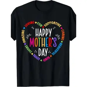 Happy Mother's Day T-Shirt - Unisex Adult Black Cotton Retro Heart & Multicolor Mother's Day Design with Happy Mother's Day Lettering, Funny Sentiments & Heart Cutouts - All-Season Comfort Round Neck Casual Gift