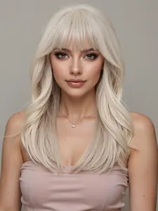 Fashionable New 18 Inch Medium Long Wavy Light Blonde Wigs with Bangs and Highlights, Wavy Synthetic Hair, Synthetic Women's Wigs for Ordinary Work, Life, Dance Parties and All Occasions