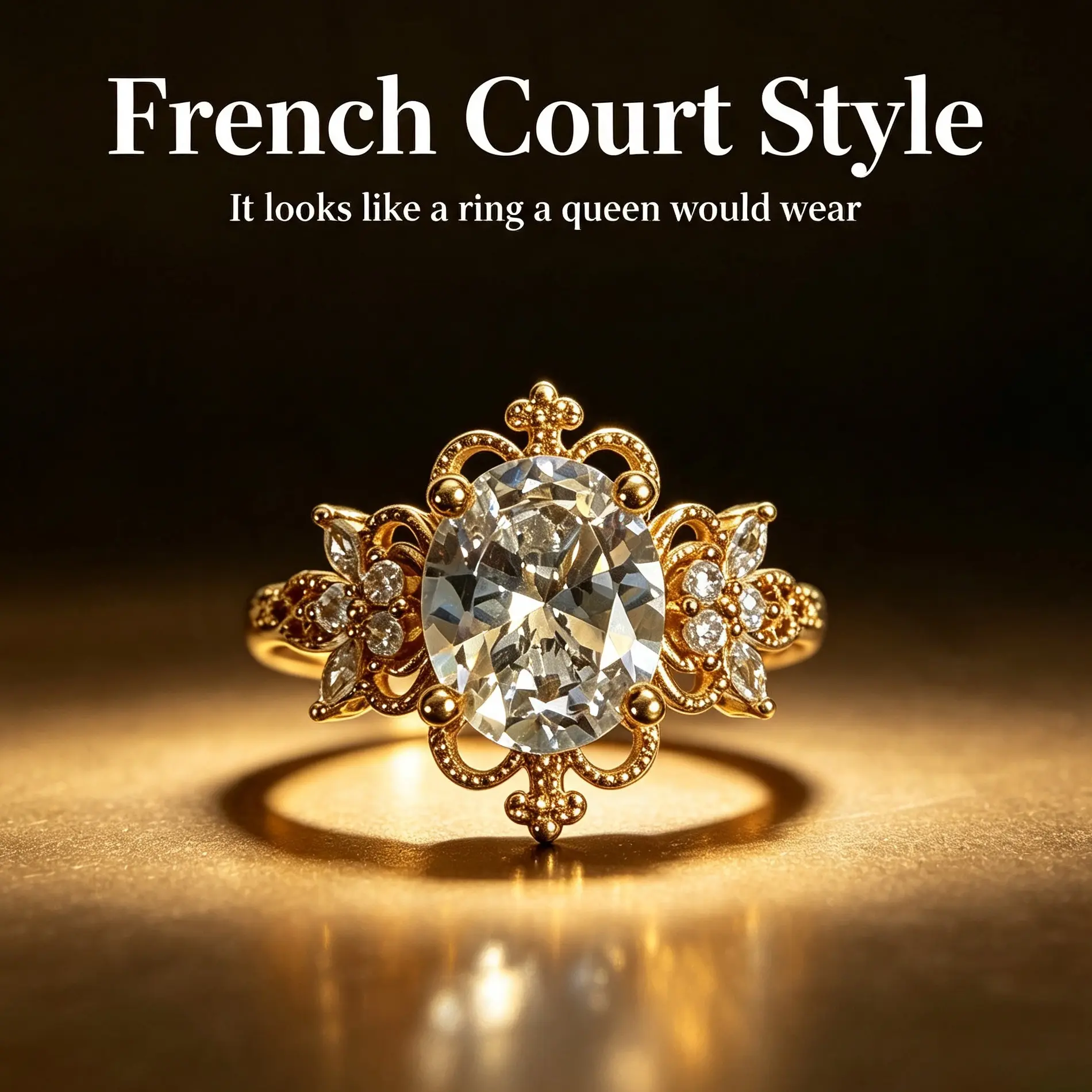 French Vintage Victorian Court-Style Oval Cubic Zirconia Ring | Openwork | Elegant Engagement and Proposal Ring | Women’s Jewelry Accessory Perfect for Pairing with Banquet Dresses and Evening Gowns