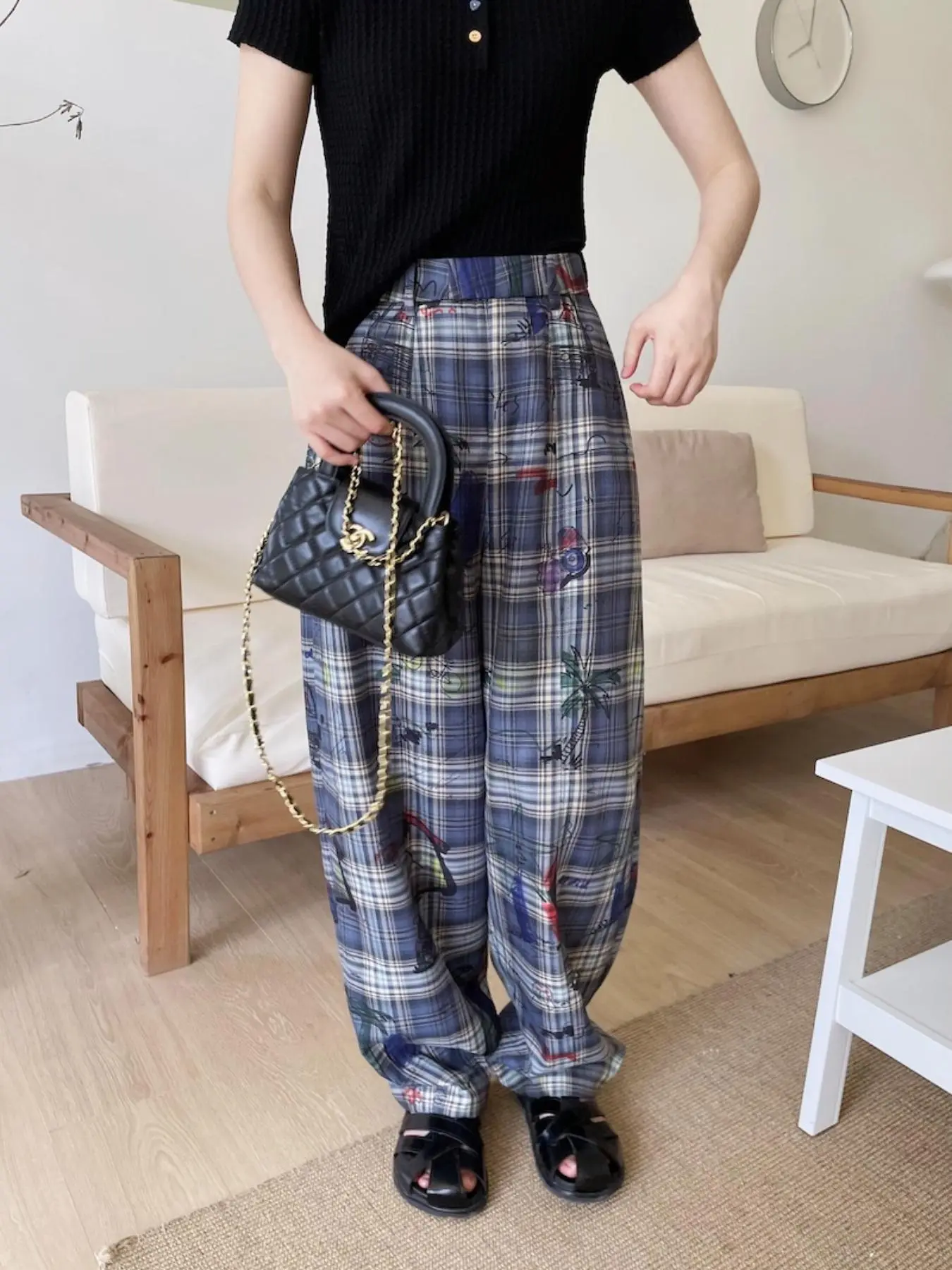 1PC JGGU Tartan Print Trousers Women's Plus Size Autumn Elastic Waist Pants for 25-35 Years Old Curvy Girls with Slimming Optical Illusion & Lyocell Blend