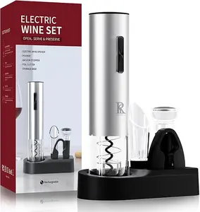 Electric Wine Opener Set with Rechargeable Battery Automatic Corkscrew Stainless Steel Vacuum Stopper Foil Cutter Aerator Pourer & Storage Base for Wine Lovers