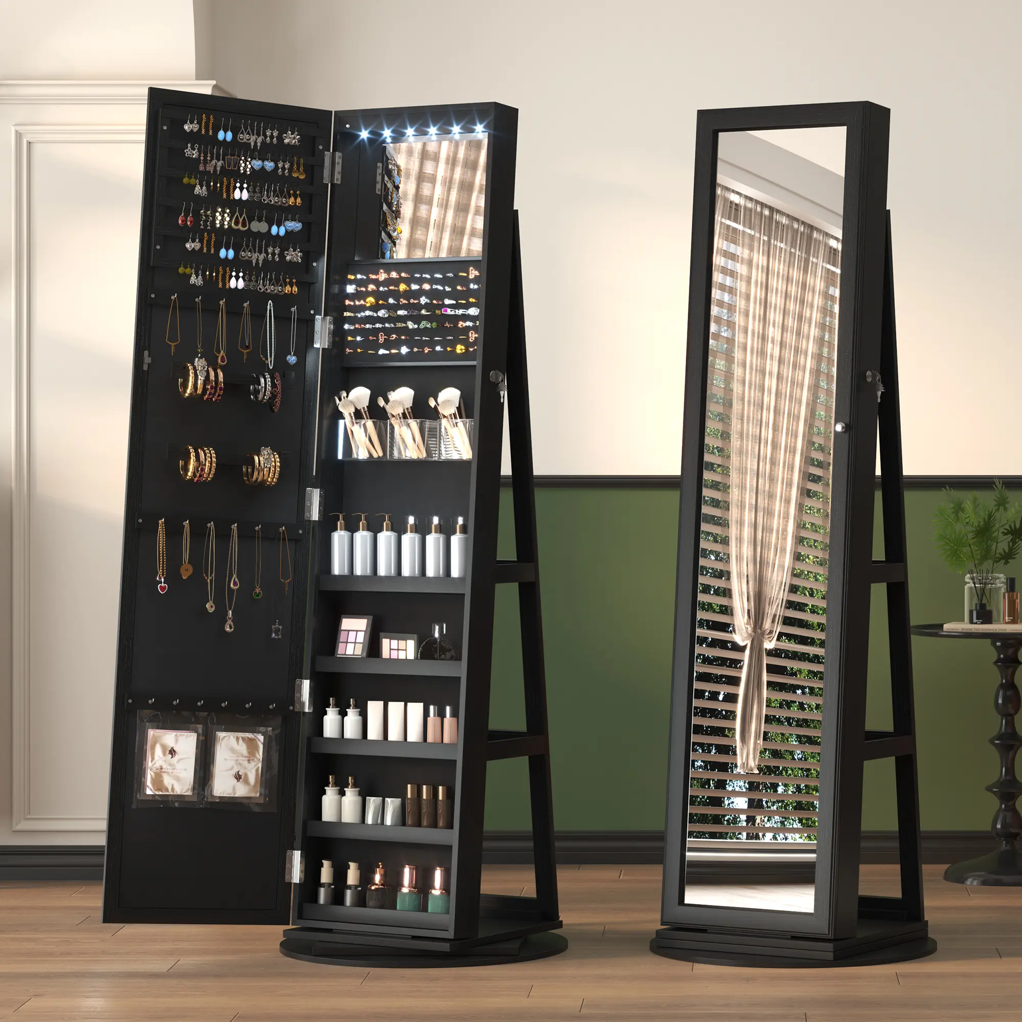 FREDEES Elegant Lockable LED Jewelry Armoire - Standing Rotatable Full Mirror Cabinet with 3-Tone Lights, Back Storage Shelves, Ideal Bedroom Gift for Her, Assembly Required