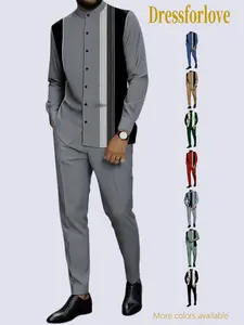 Men’s two-piece sets — Featuring a black-and-white vertical stripe print design, this set includes a button-up top with a fold-down collar and a pair of casual trousers with a drawstring waist. Classic solid-color suit set Clothes Long Sleeves