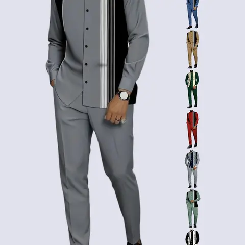 Men’s two-piece casual set — menswear coordinated outfit featuring a long-sleeve stand-collar button-front top and casual trousers with a button waistband, black-and-white vertical stripe print, made entirely of polyester fiber.