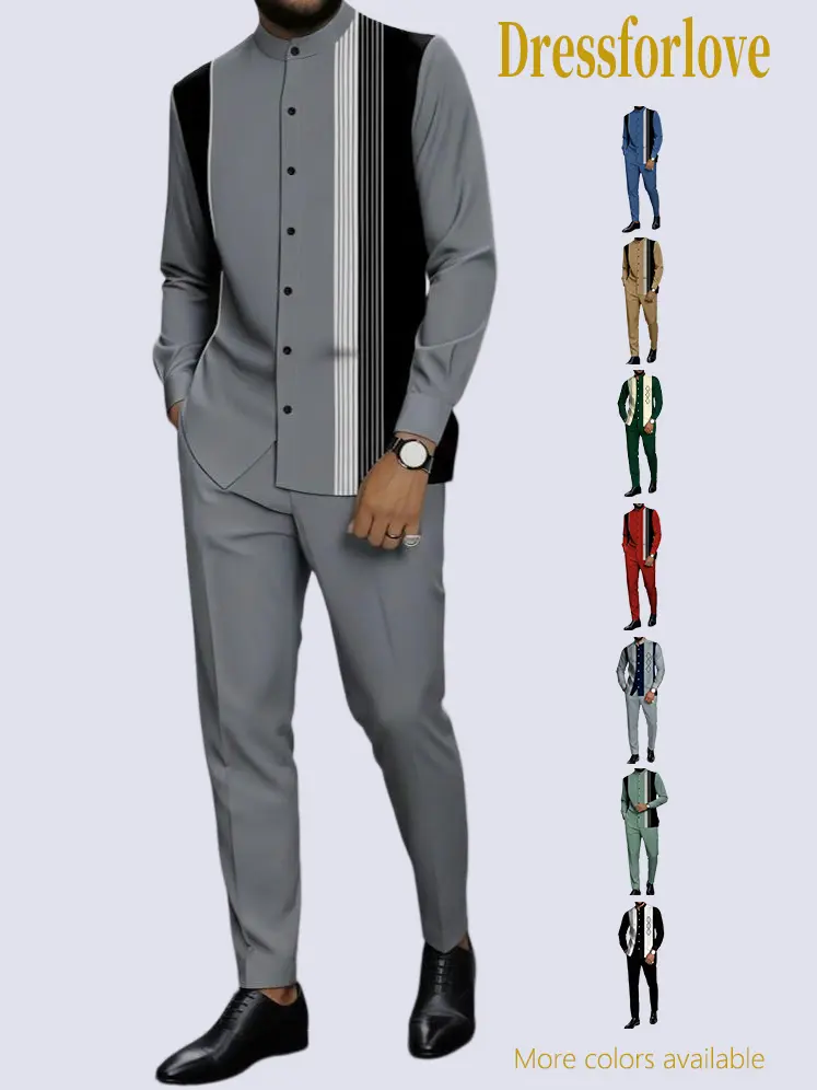 Men's 2-Piece Casual Outfit Set - Menswear Matching Clothes, Long-Sleeve Button-Collar Top, Elastic Drawstring Waist Casual Long Pants, Black-and-White Vertical Striped Print, Polyester Fabric