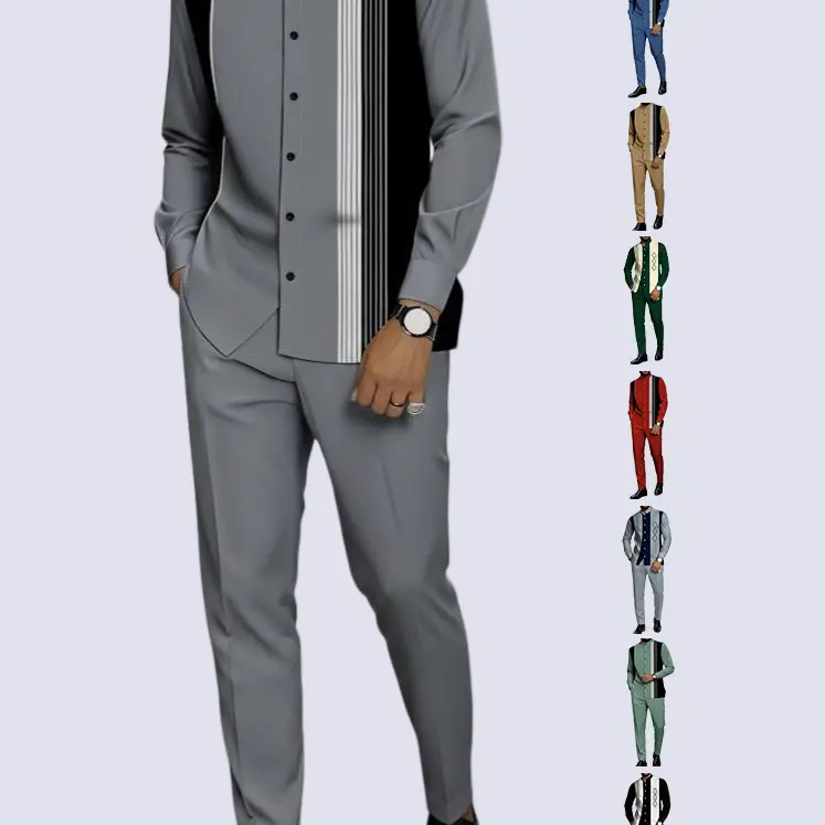 Men’s two-piece casual set — menswear coordinated outfit featuring a long-sleeve stand-collar button-front top and casual trousers with a button waistband, black-and-white vertical stripe print, made entirely of polyester fiber.