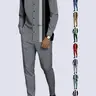 Men’s two-piece casual set — menswear coordinated outfit featuring a long-sleeve stand-collar button-front top and casual trousers with a button waistband, black-and-white vertical stripe print, made entirely of polyester fiber.
