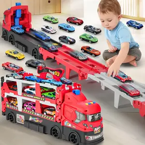 Kids Transportation Slingshot Truck Toys, 63” Double Decker Race Track with 6 Metal  and Folding Stowable Loaded Truck Set, Teen  Toy Gift for Valentine's Day Gifts for Kids model collectible car blocks assembly assembly toy