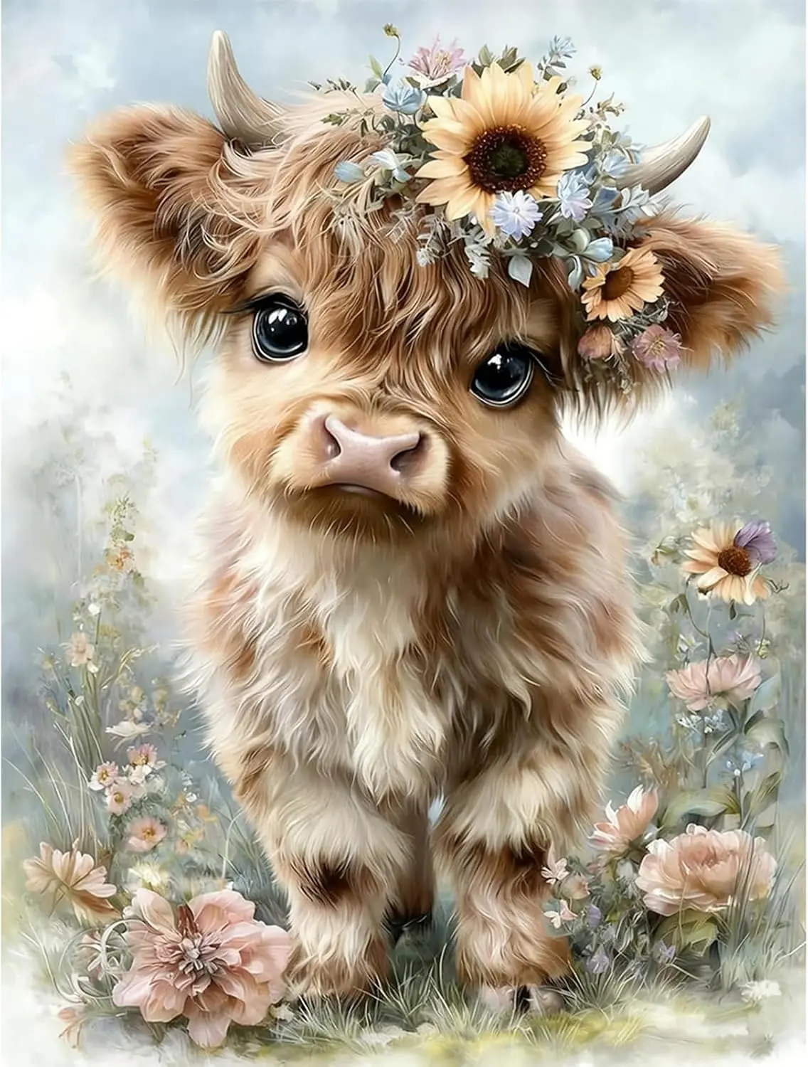 5D Diamond Painting Kit Cute Fluffy Highland Cow With Sunflower Flower Crown Wild Pastel Florals Meadow Soft Misty Background Farm Animal Crystal Rhinestone Wall Decor Gift