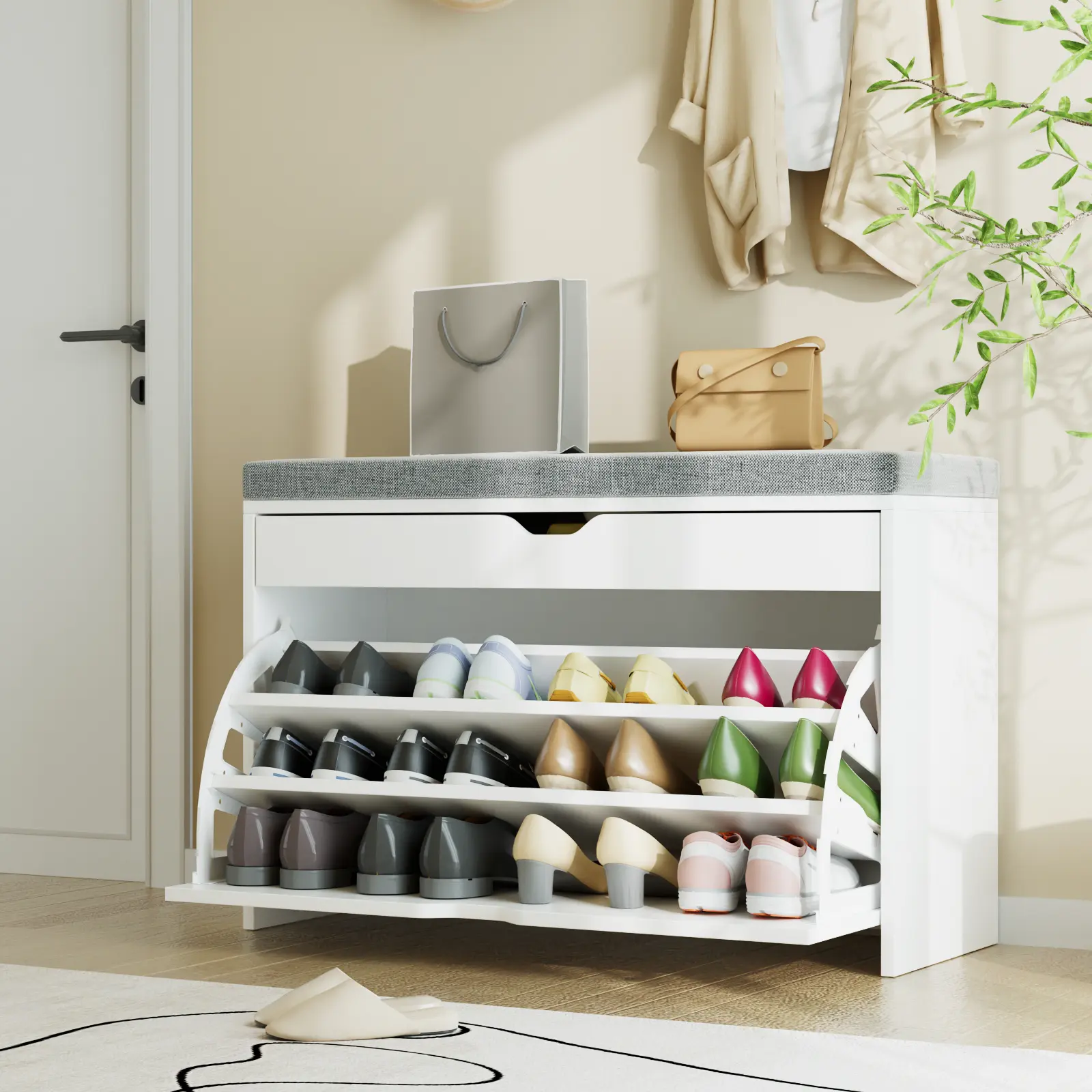 VOWNER Shoe Storage Bench with 3-Tier Flip Drawer, Shoe Rack Bench with Adjustable Shelves & Hidden Storage Space, Shoe Organizer for Entryway, Hallway, Living Room
