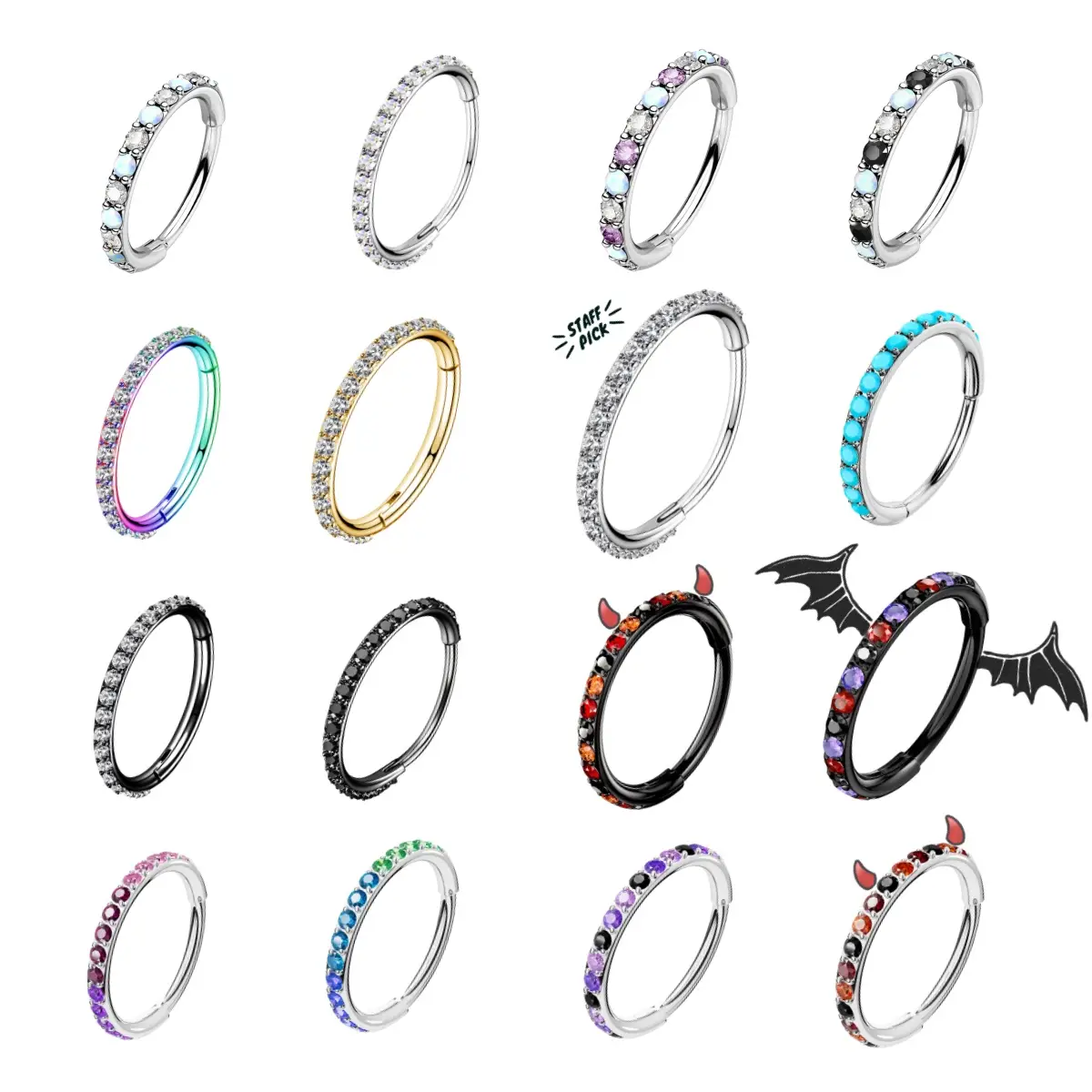 OUFER 20G Micro Gem CZ Hinged Nose Nostril Piercing Hoop Ring 316L Stainless Steel Body Jewelry Black Purple Pink Green Blue Inner Diameter 5mm-12mm A