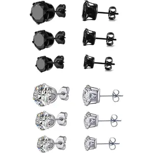 6 Pair titanium and Stainless Steel Mens Womens Stud Earrings Set Black and Clear Round Cubic Zirconia Inlaid Pierced 3-5mm(12PCS,3 Pairs Black,3 Pairs Clear)