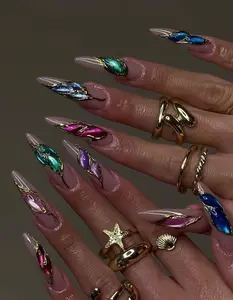 Iridescent Gemstone Chrome Press On Nails | Multi-Color Metallic Marble | Gold Foil Outlined Nail Art | Luxury Jewel Press Ons