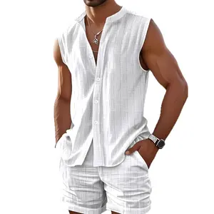 Summer Fashion Men's Jacquard Casual Stand Collar Sleeveless Cardigan Shorts Sports Men's Set