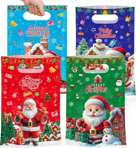 50 Pcs Merry Christmas Gift Bags with Handles-Cute Xmas Goodie Bag Santa Claus Plastic Goody Candy Cookie Snack Treat Party Favor Bags Bulk for Winter Holiday Christmas Party Supplies Favors, 4 Style Litmitfu