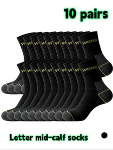 Men's Sport Socks, 10 Pairs Sock Packs, Colorblock Letter Mid-Calf, Spring & Fall New Trend Basketball Socks, Casual Breathable Soft Comfort, Sports Running Socks, Athletic Socks