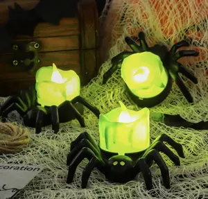 6 PCS Halloween Spider Tea Lights Decoration, Halloween Flameless LED Candle Holder Lights Battery Operated for Halloween Party Table Home Spooky Decor (Green)