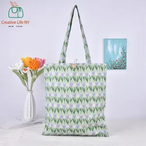 Green Tulips Canvas Totes For Spring,Handmade Shopping Bag, Bridesmaid/Beach Gifts,Valentine's Day