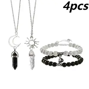 4-Pcs Jade Sun Moon Synthetic Stone Magnetic Couple Bracelets Friendship Matching Turquoise Beaded Bracelets For Men Women Daily Wear