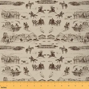 Western Cowboy Decorative Waterproof Fabric for Chairs,Western Fabric By The Yard,Vintage Western Cowboy Upholstery Fabric,Brown Farmhouse Fabric, Handbag, Porch Swing