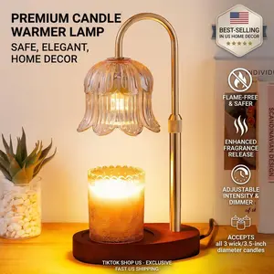 -Candle Warmer Lamp Adjustable Timer - Electric Flower Glass Candles Warmers Adjustable Height Dimmable Vintage Base Modern Wax Candles Top Warmers for Small Jar Scented Wax Melts