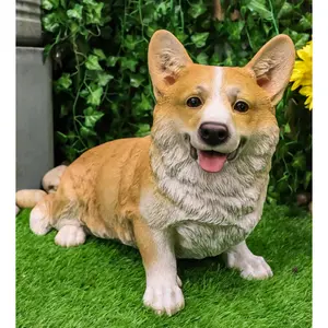 Large 18.5" Long Sitting Realistic Lifelike Welsh Corgi Dog Statue Home Decor