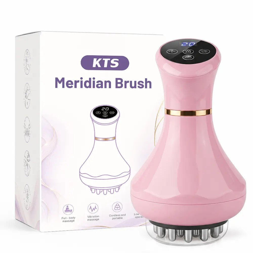 Rechargeable Meridian Massage Brush - 4-in-1 Cordless Compact Rechargeable Battery Operated Handheld Body Massager with Red Light, Heat, Vibration, Microcurrent Contact Points, 9 Adjustable Levels, Home/Office Relaxation Aid