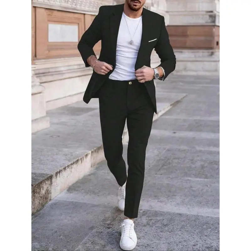 Men's Solid Color Blazer & Pants Two-piece Set, Slim Business Formal Suit Set for Work Office, Men's Spring & Fall Clothes, Menswear, Workwear, Formal Attire, Casual Suit, Solid Color Suit, Formal Slim