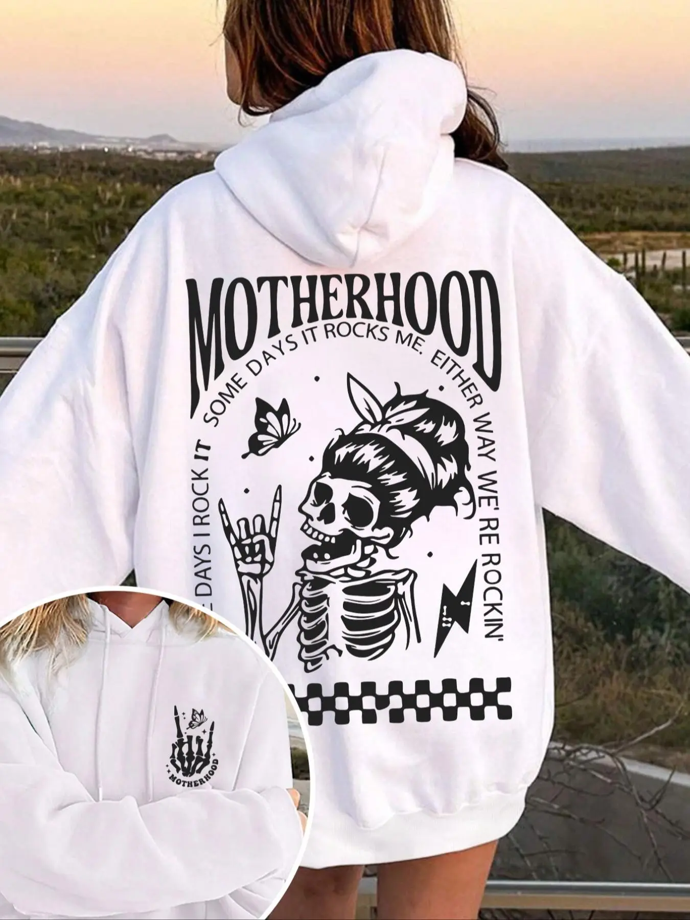 Women's Skeleton & Letter Print Drop Shoulder Thermal Lined Gothic Printed Hoodie, Fashion Casual Drawstring Pocket Hooded Sweatshirt for Daily Holiday Outdoor Wear, Ladies Clothes for Fall & Winter, Drawstring Graphic Hoodie, Drawstring Hooded Top
