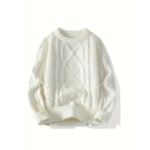 MEN'S cable-knit acrylic pullover sweater, crew neck long sleeve knit fabric, casual regular fit for weekend-fall/winter collection